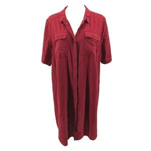 Ellos Linen Rayon Shirt Dress Button Front Utility Pockets Burgundy Size 18
